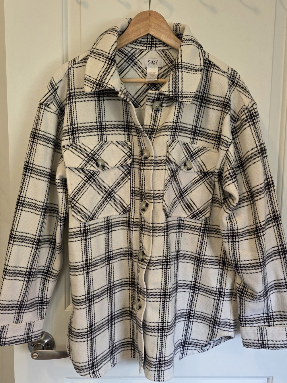 Black & Cream Button Up Plaid Shacket